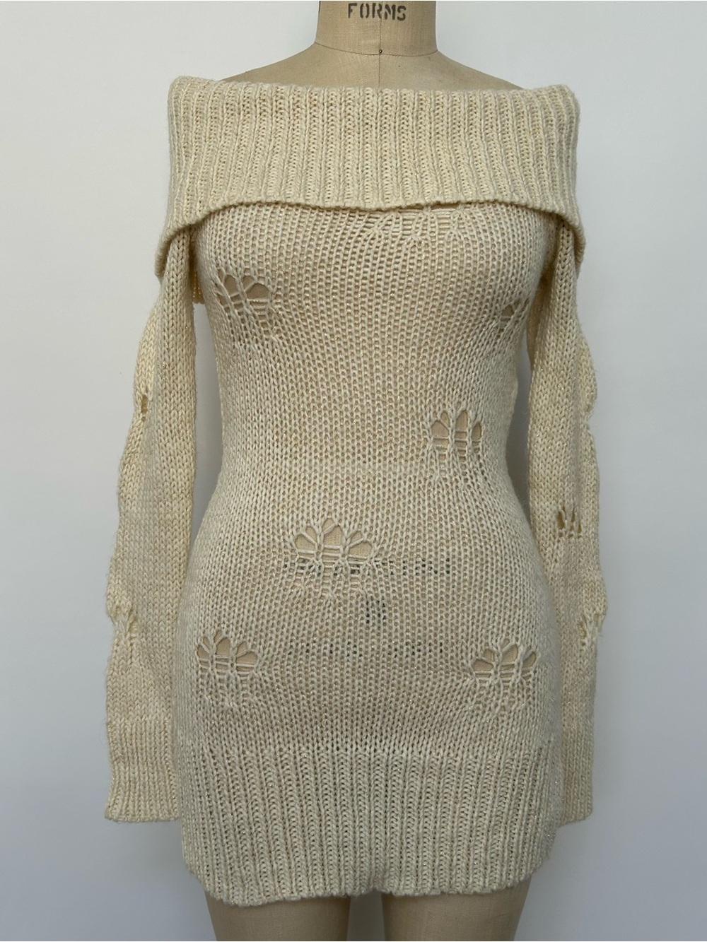 bebe Cream Off-the-Shoulder Knit Sweater Dress